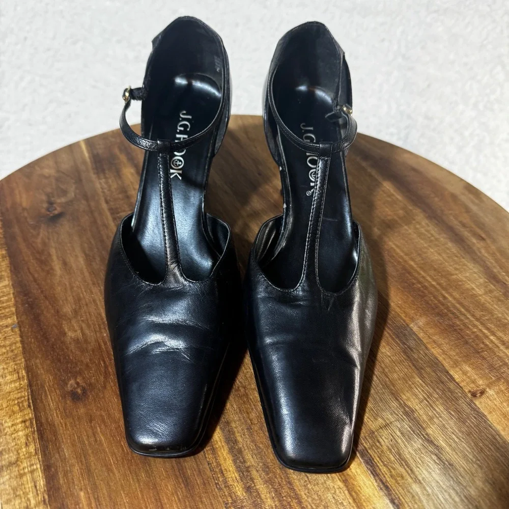 Vintage JG Hook Womens Black Leather T-Strap Pumps Square Toe Kitten Heels Sz 8M